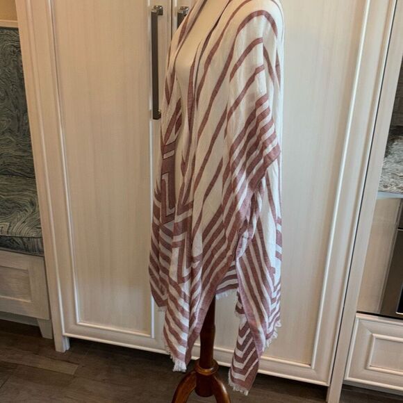 Steve Madden red white striped kimono cover up fringe hem OSFM shawl wrap boho - Picture 4 of 9